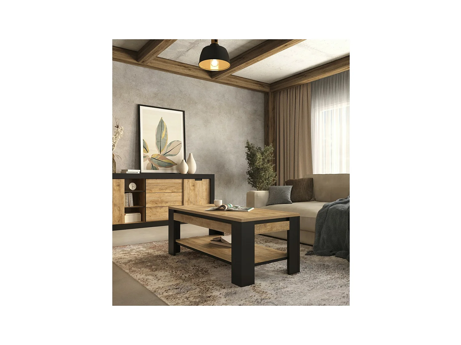 Table Basse collection MEUNIER – Chêne Samdal & noir mat, 120×49×60 cm