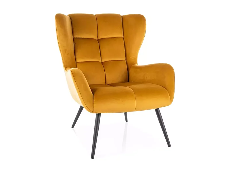 Fauteuil velours curry dossier capitonné vintage pieds métal noir SUITE