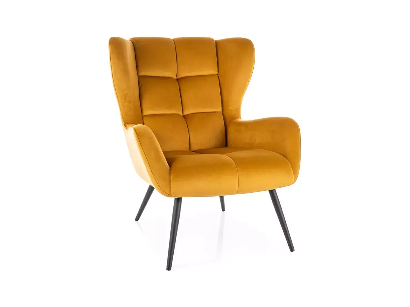 Fauteuil velours curry dossier capitonné vintage pieds métal noir SUITE