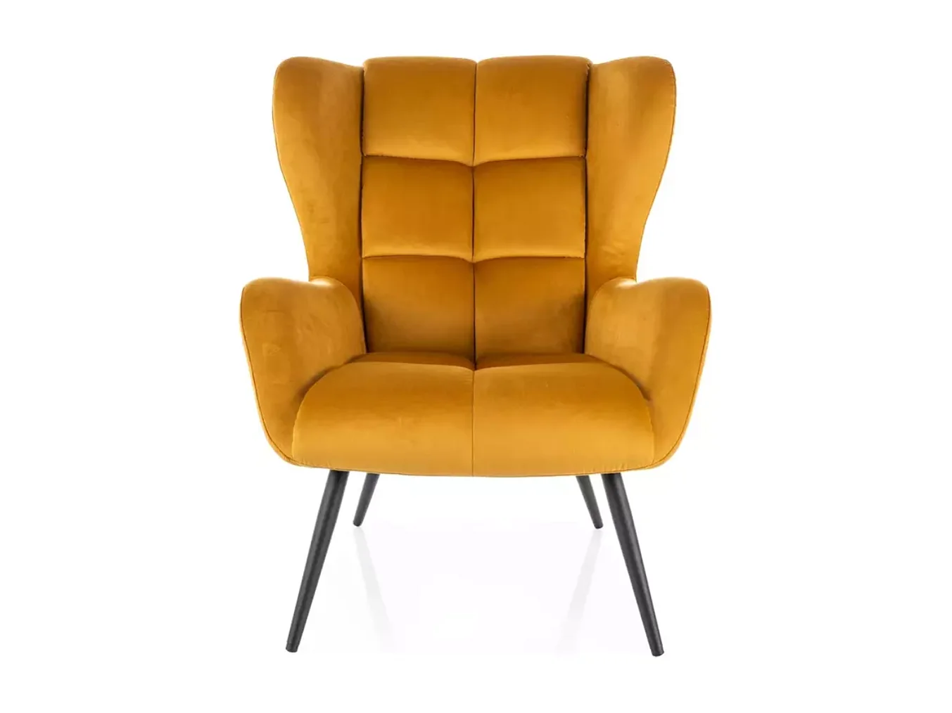 Fauteuil velours curry dossier capitonné vintage pieds métal noir SUITE