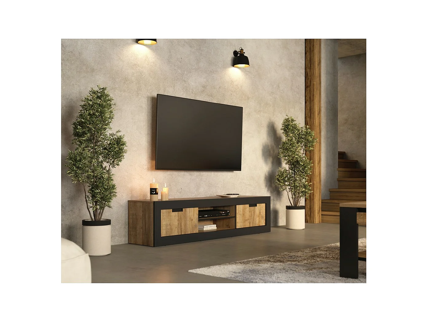 Mueble de TV MEUNIER – 2 puertas & 5 nichos – Roble Samdal & negro Mate – 180×42×40 cm