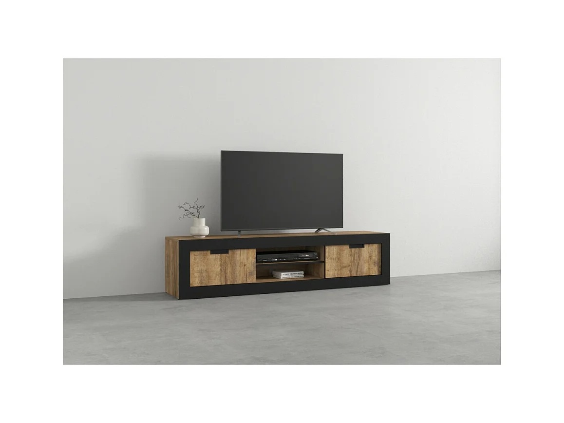 Mueble de TV MEUNIER – 2 puertas & 5 nichos – Roble Samdal & negro Mate – 180×42×40 cm