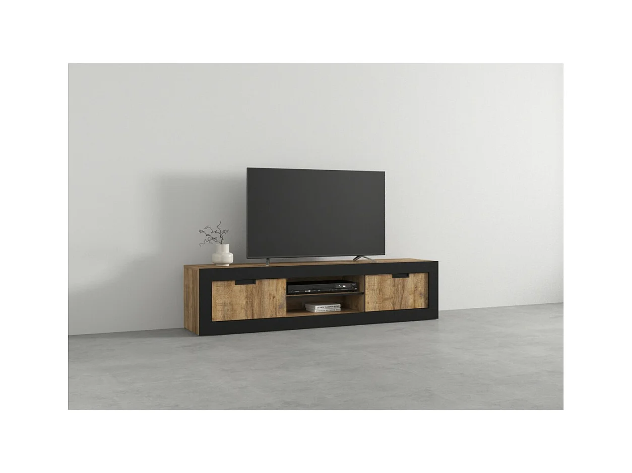 Mueble de TV MEUNIER – 2 puertas & 5 nichos – Roble Samdal & negro Mate – 180×42×40 cm