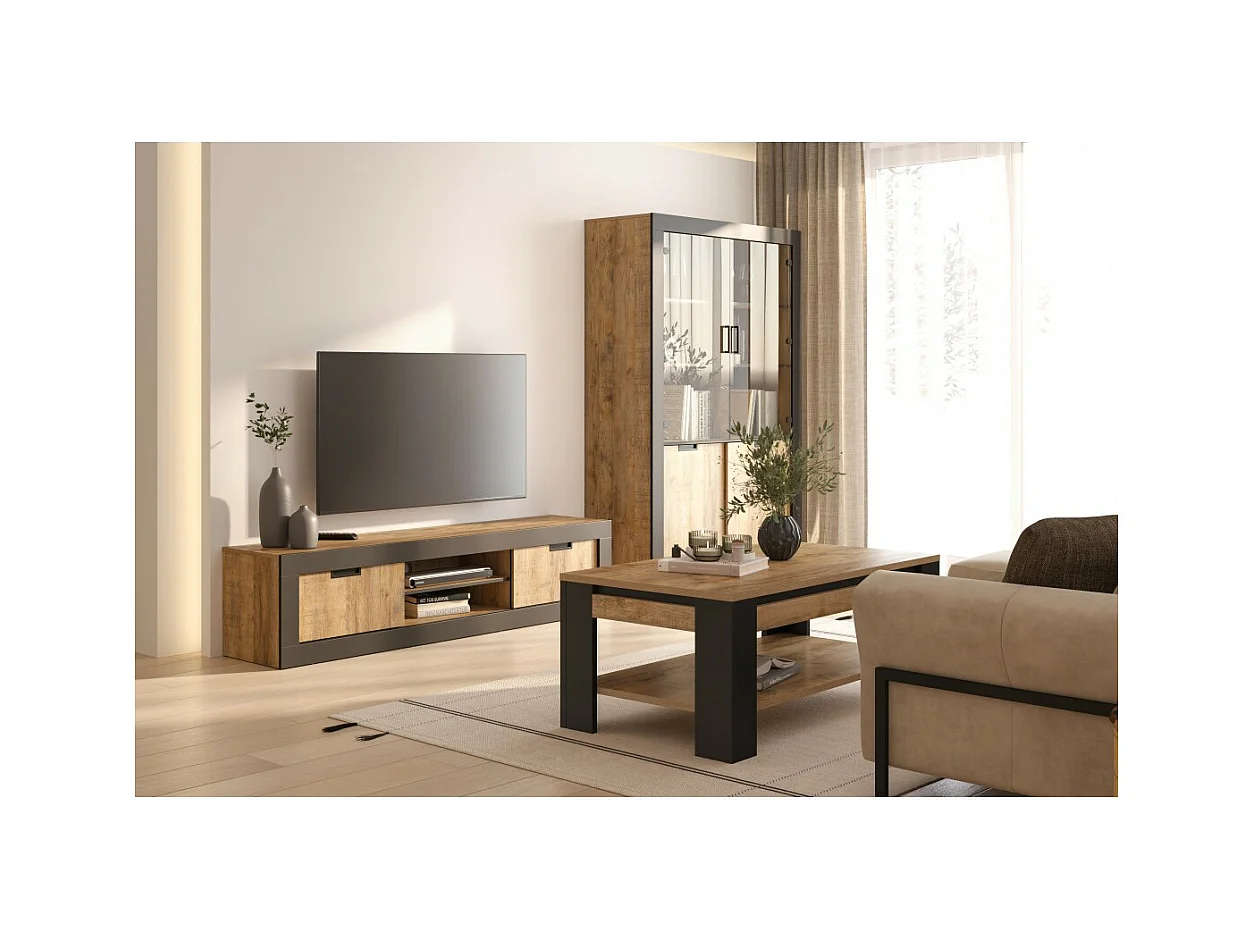 Mueble de TV MEUNIER – 2 puertas & 5 nichos – Roble Samdal & negro Mate – 180×42×40 cm