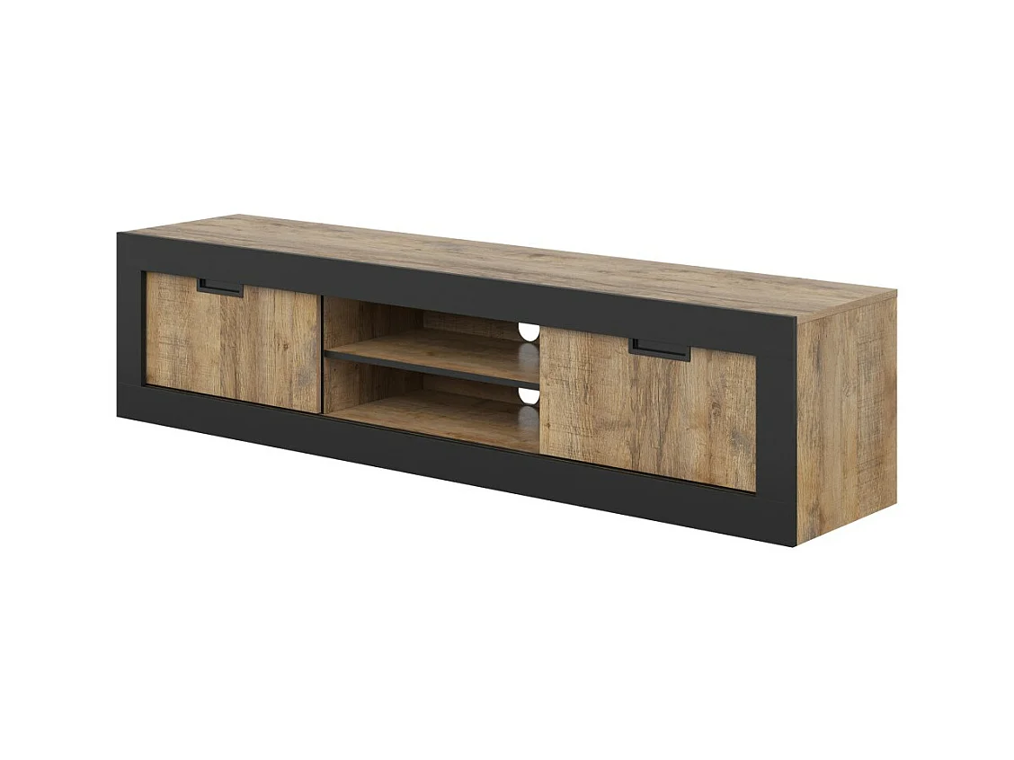 Meuble TV MEUNIER – 2 portes & 5 niches – Chêne Samdal & noir Mat – 180×42×40 cm