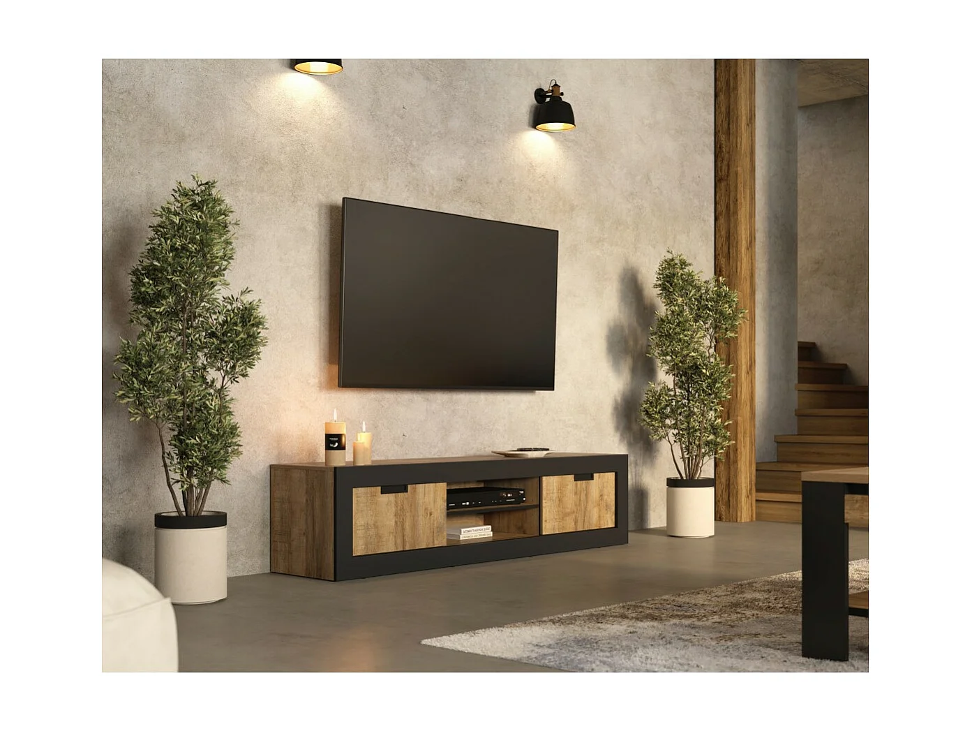 Meuble TV MEUNIER – 2 portes & 5 niches – Chêne Samdal & noir Mat – 180×42×40 cm