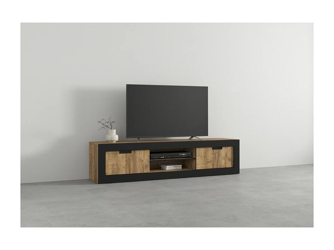 Meuble TV MEUNIER – 2 portes & 5 niches – Chêne Samdal & noir Mat – 180×42×40 cm