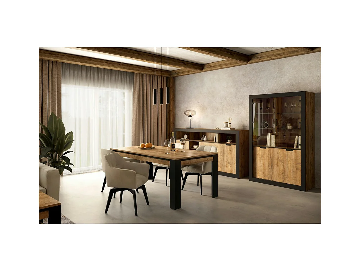 Mesa de comedor para 8 personas MEUNIER – Roble & Negro Mate, 195×77×100 cm