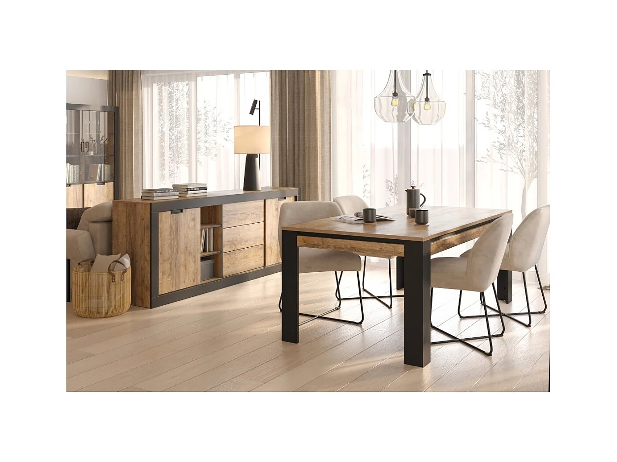 Mesa de comedor para 8 personas MEUNIER – Roble & Negro Mate, 195×77×100 cm