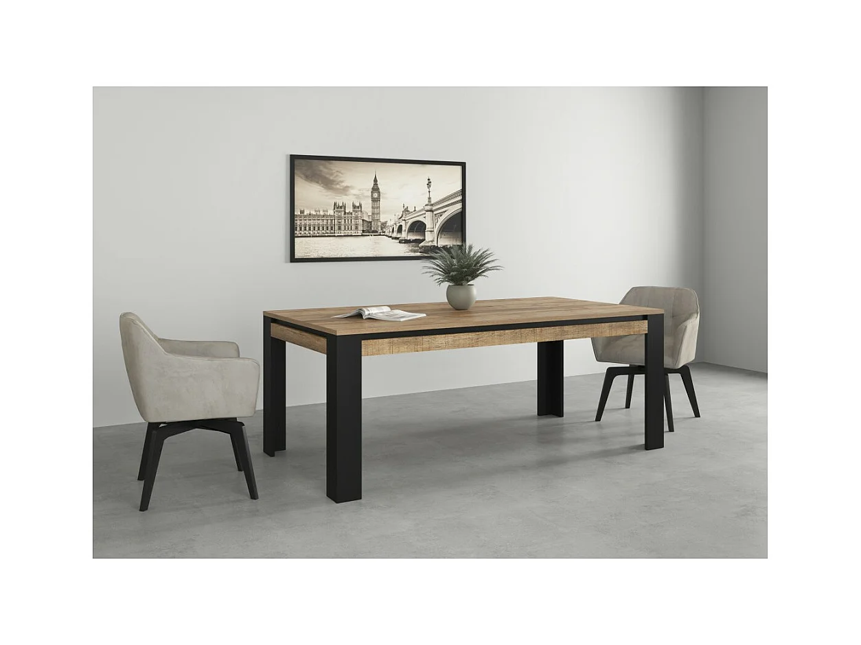 Mesa de comedor para 8 personas MEUNIER – Roble & Negro Mate, 195×77×100 cm
