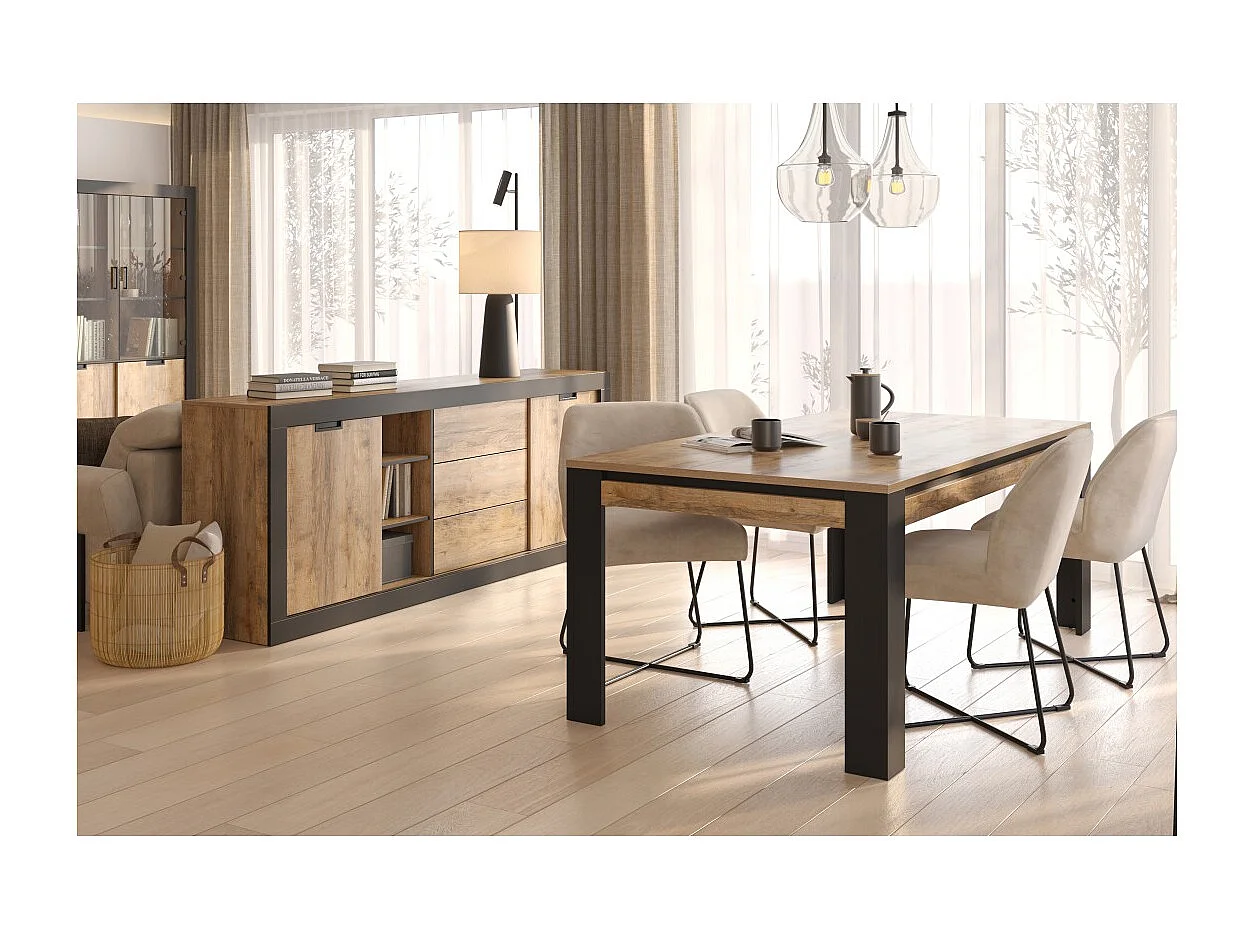 Mesa de comedor para 8 personas MEUNIER – Roble & Negro Mate, 195×77×100 cm