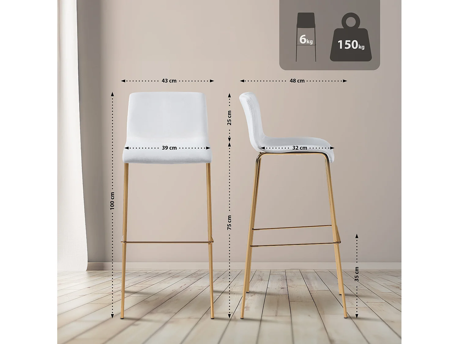 Tabouret de bar - Velours & Noir - Crème - Hoover
