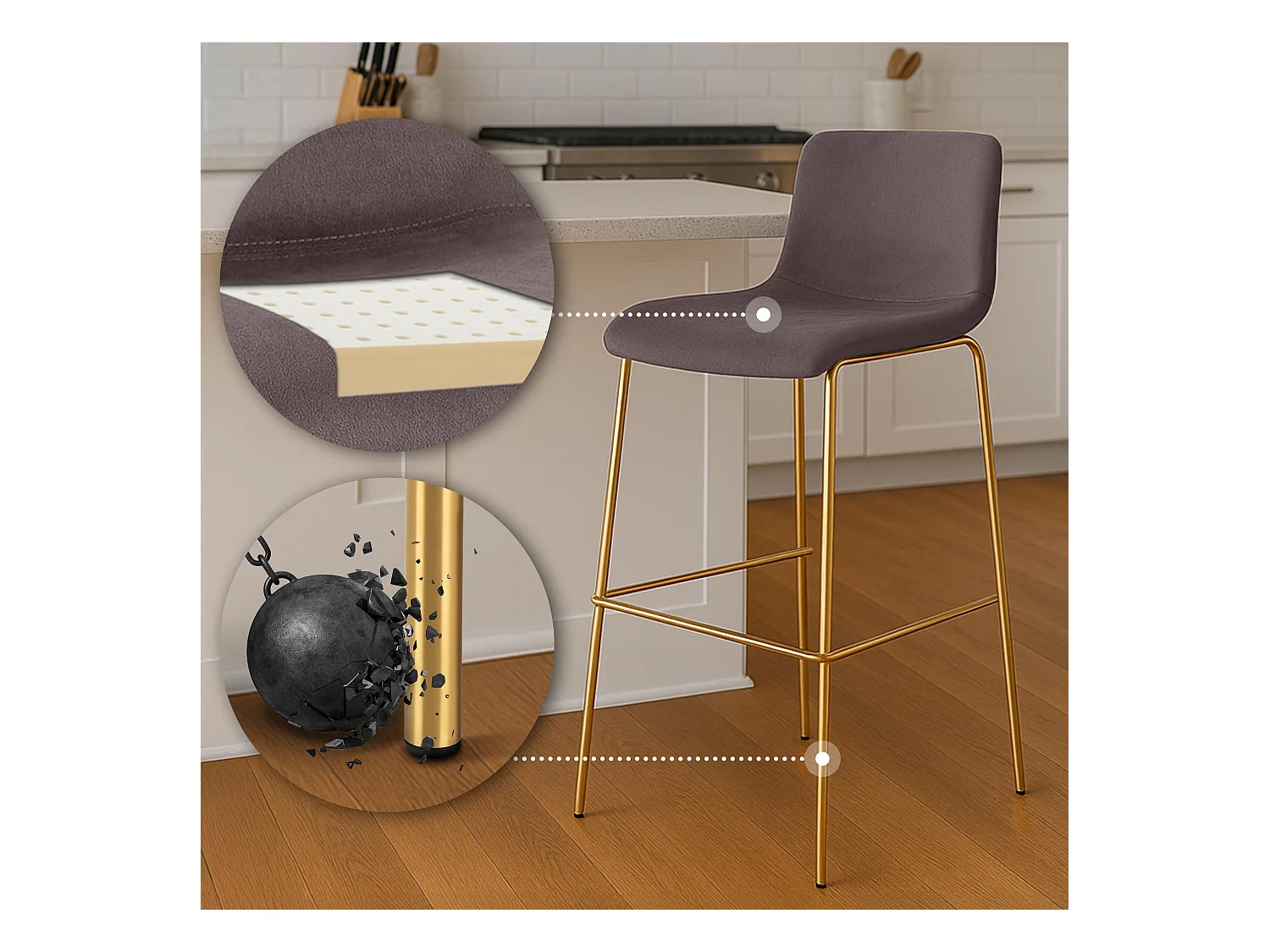 Tabouret de bar - Velours - Marron - Hoover