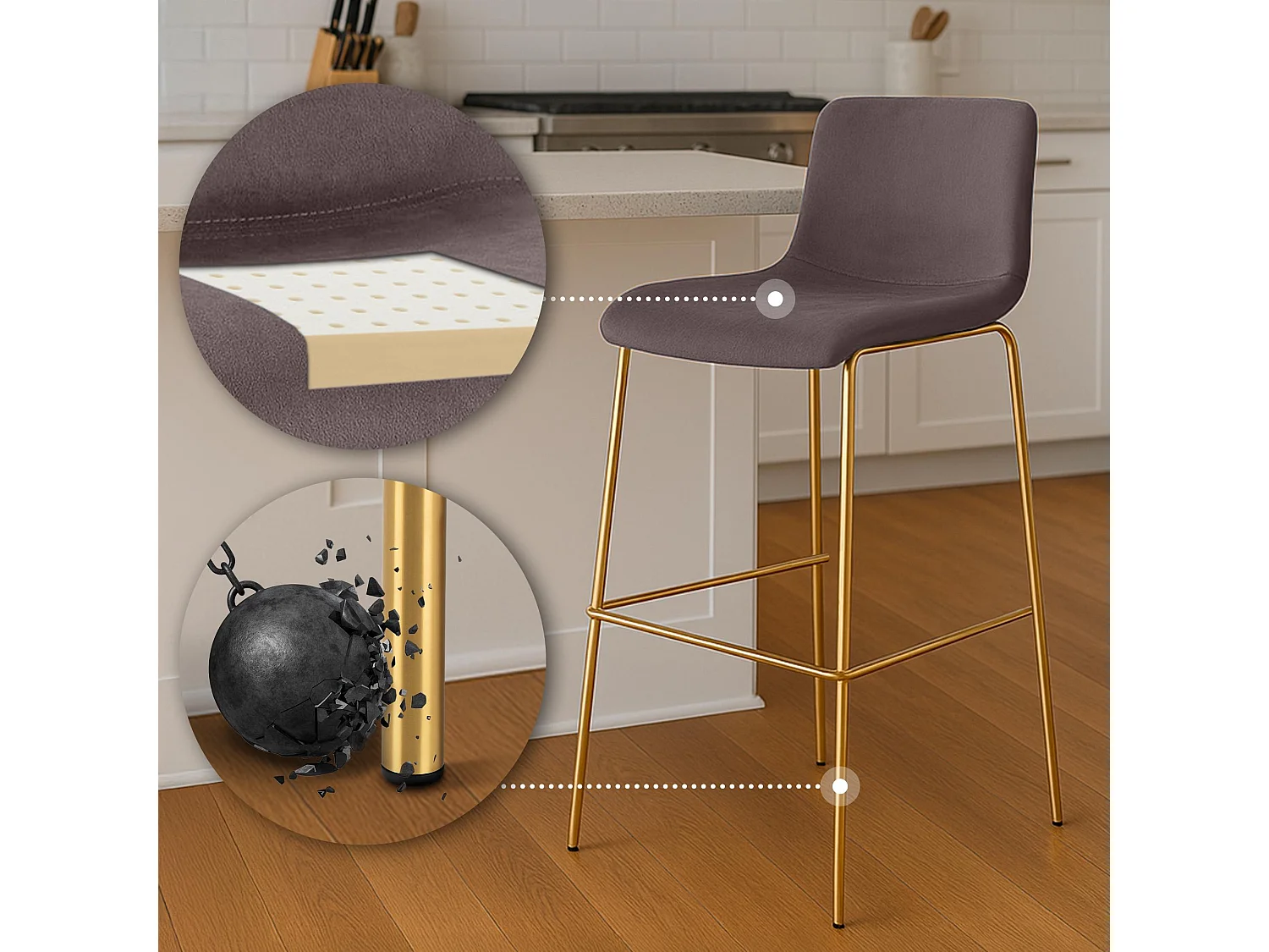 Tabouret de bar - Velours - Marron - Hoover