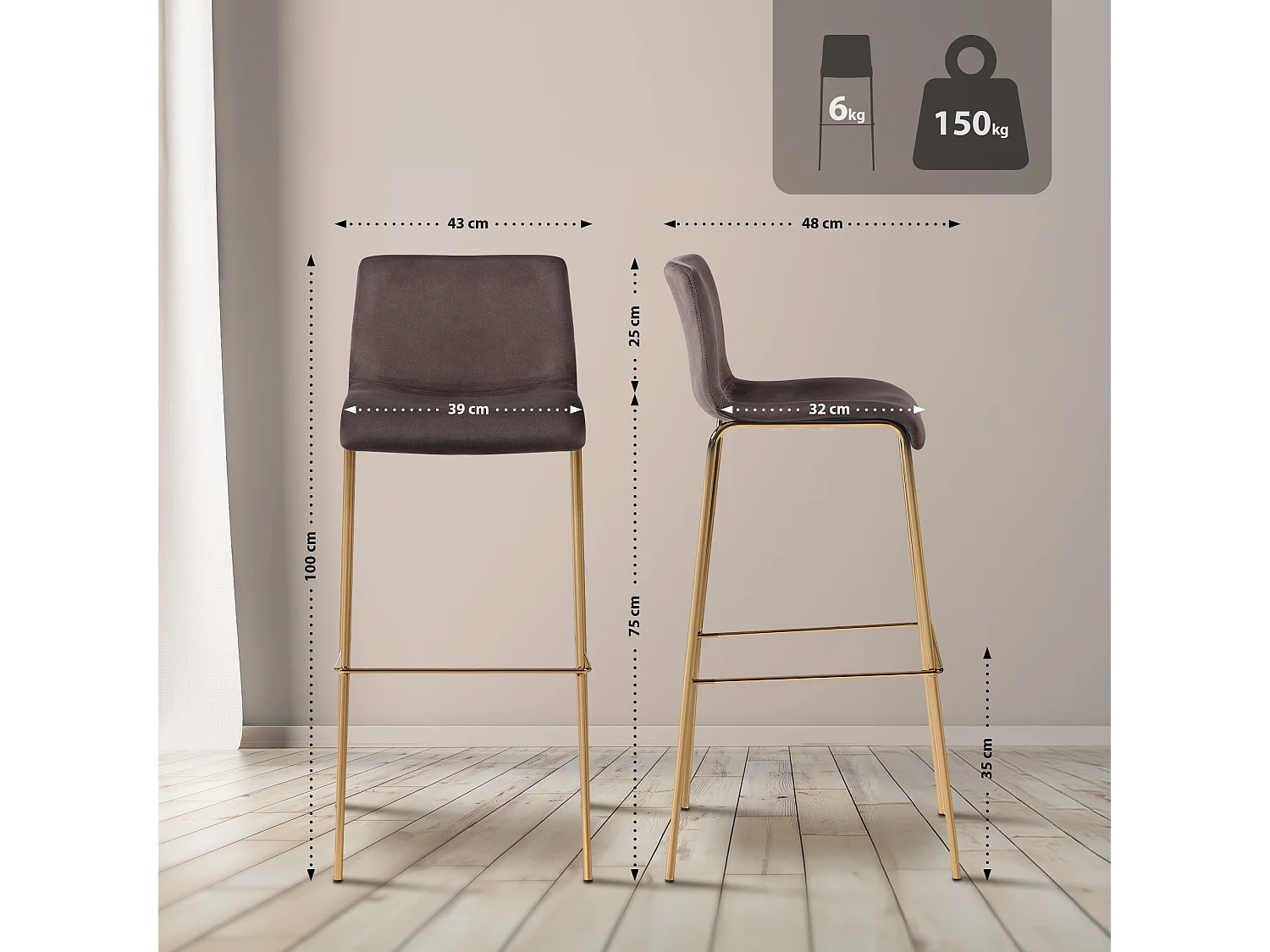 Tabouret de bar - Velours & Noir - Marron - Hoover