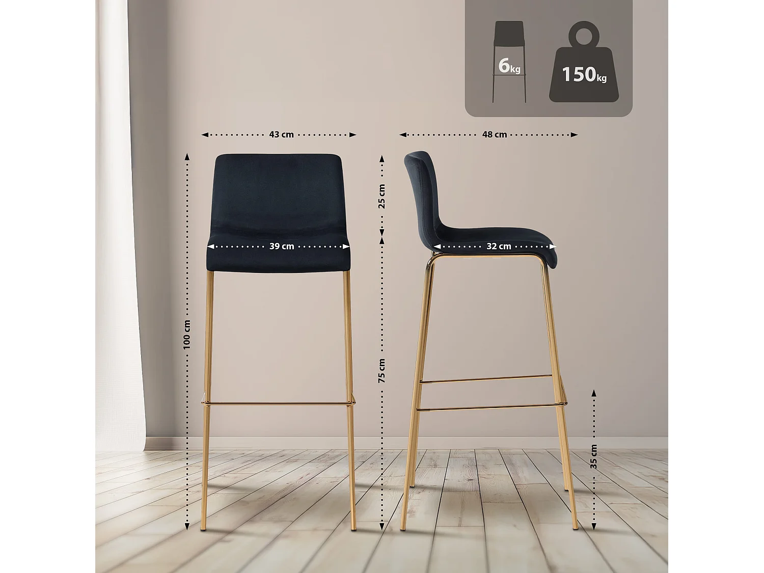 Tabouret de bar - Velours & Noir - Noir - Hoover