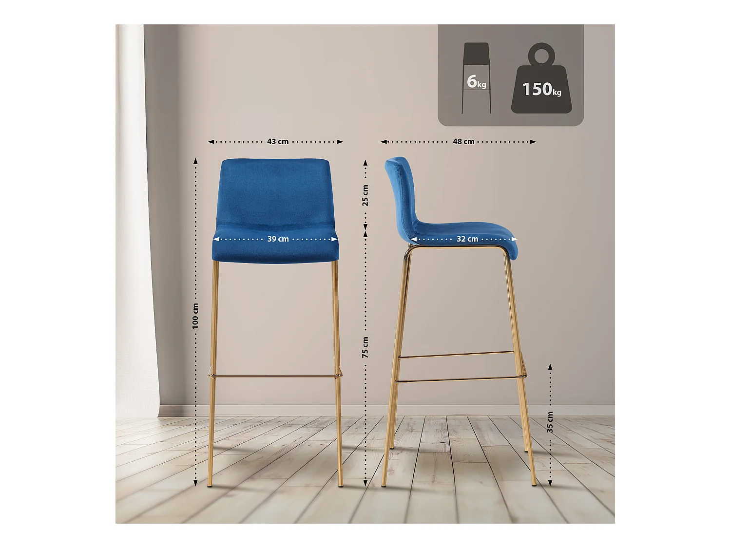 Tabouret de bar - Velours - Bleu - Hoover