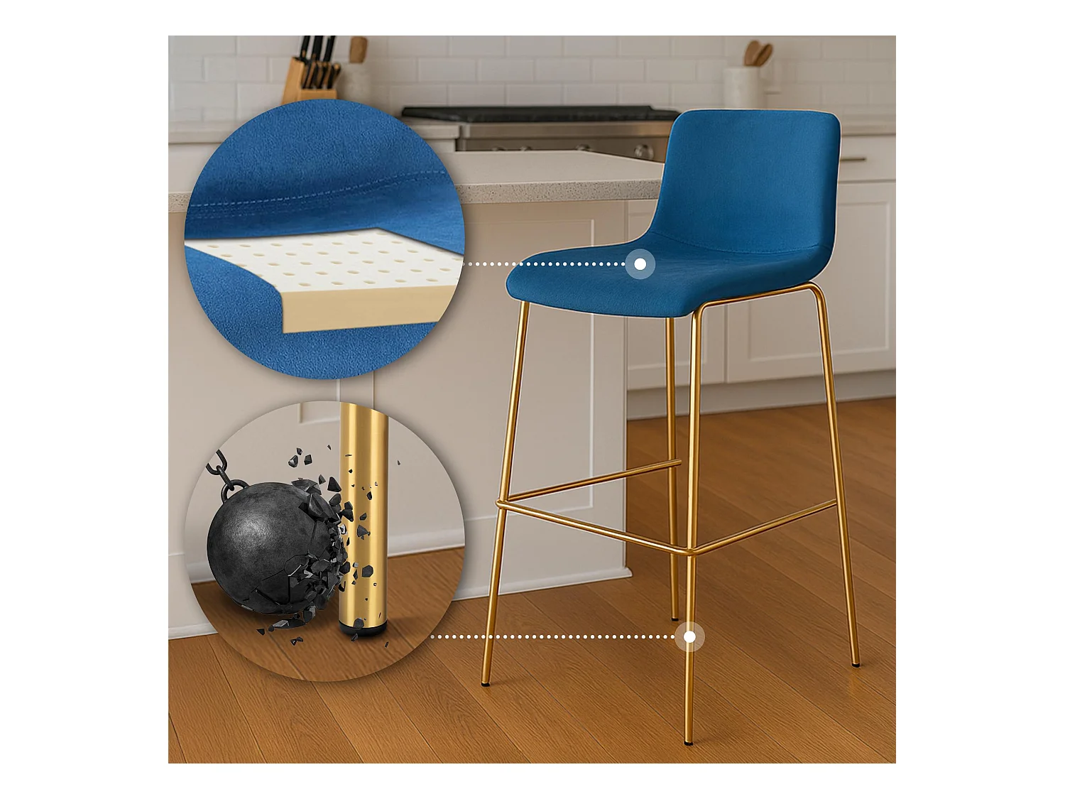 Tabouret de bar - Velours - Bleu - Hoover