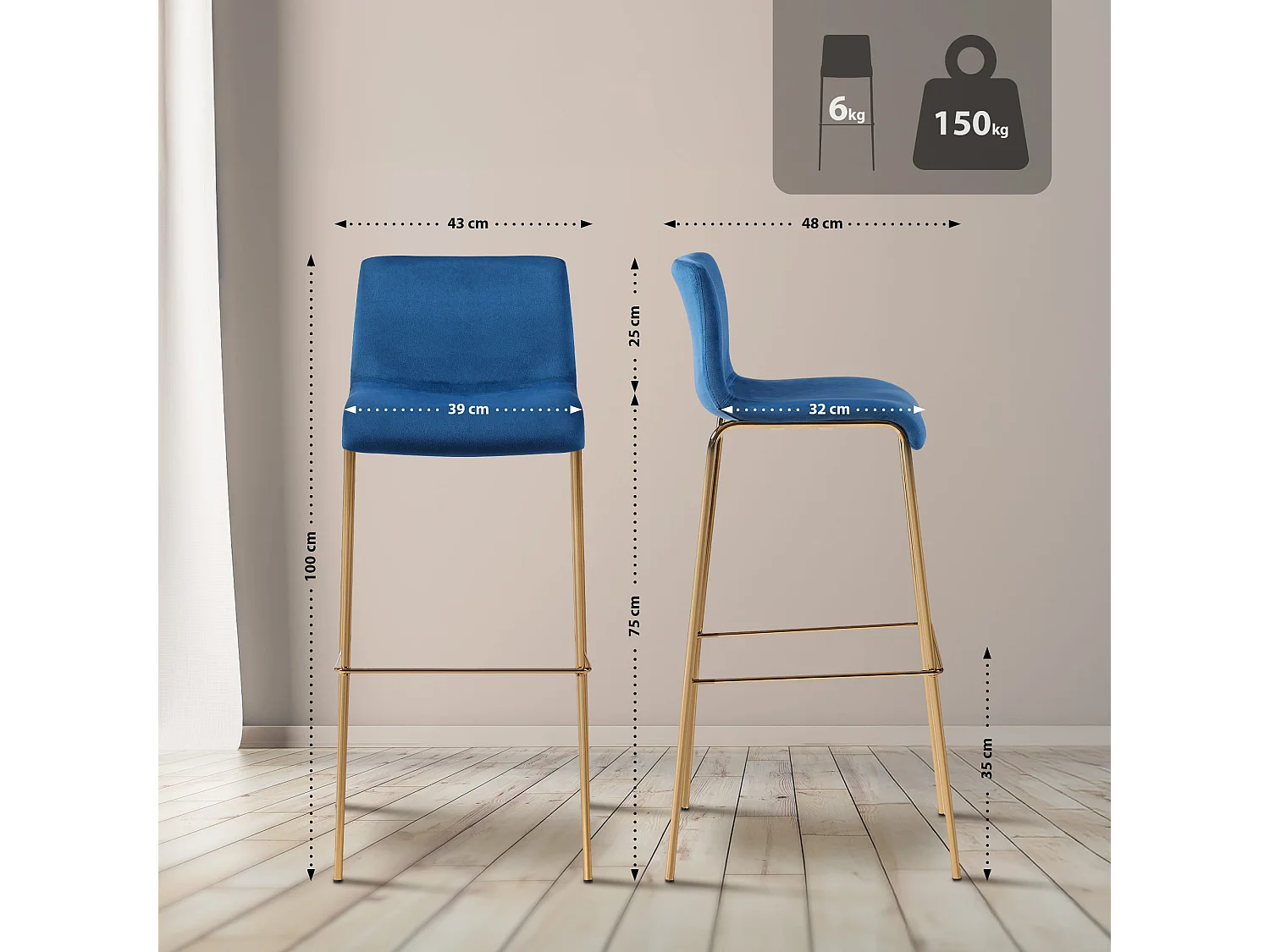 Tabouret de bar - Velours & Noir - Bleu - Hoover