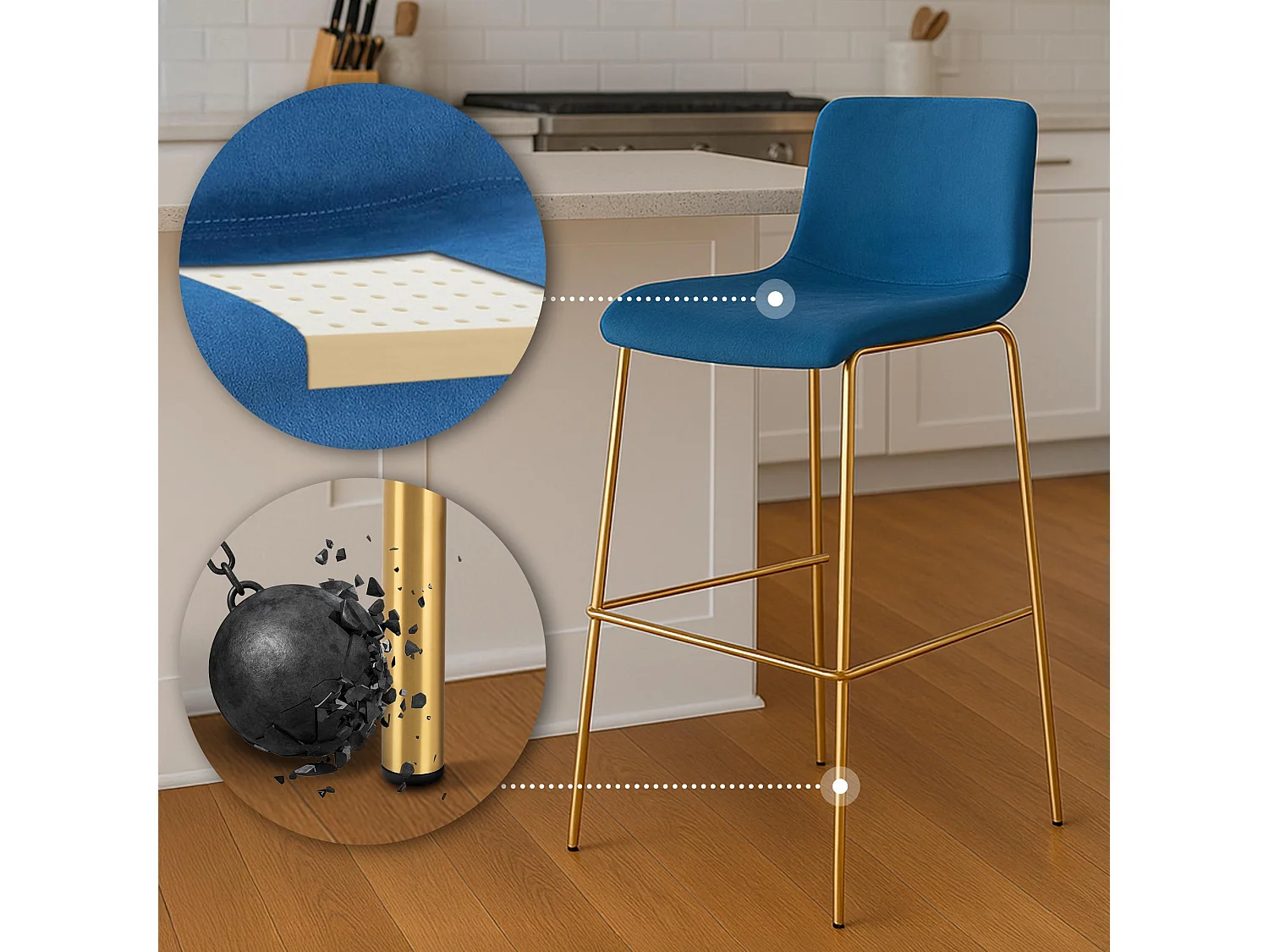 Tabouret de bar - Velours & Noir - Bleu - Hoover