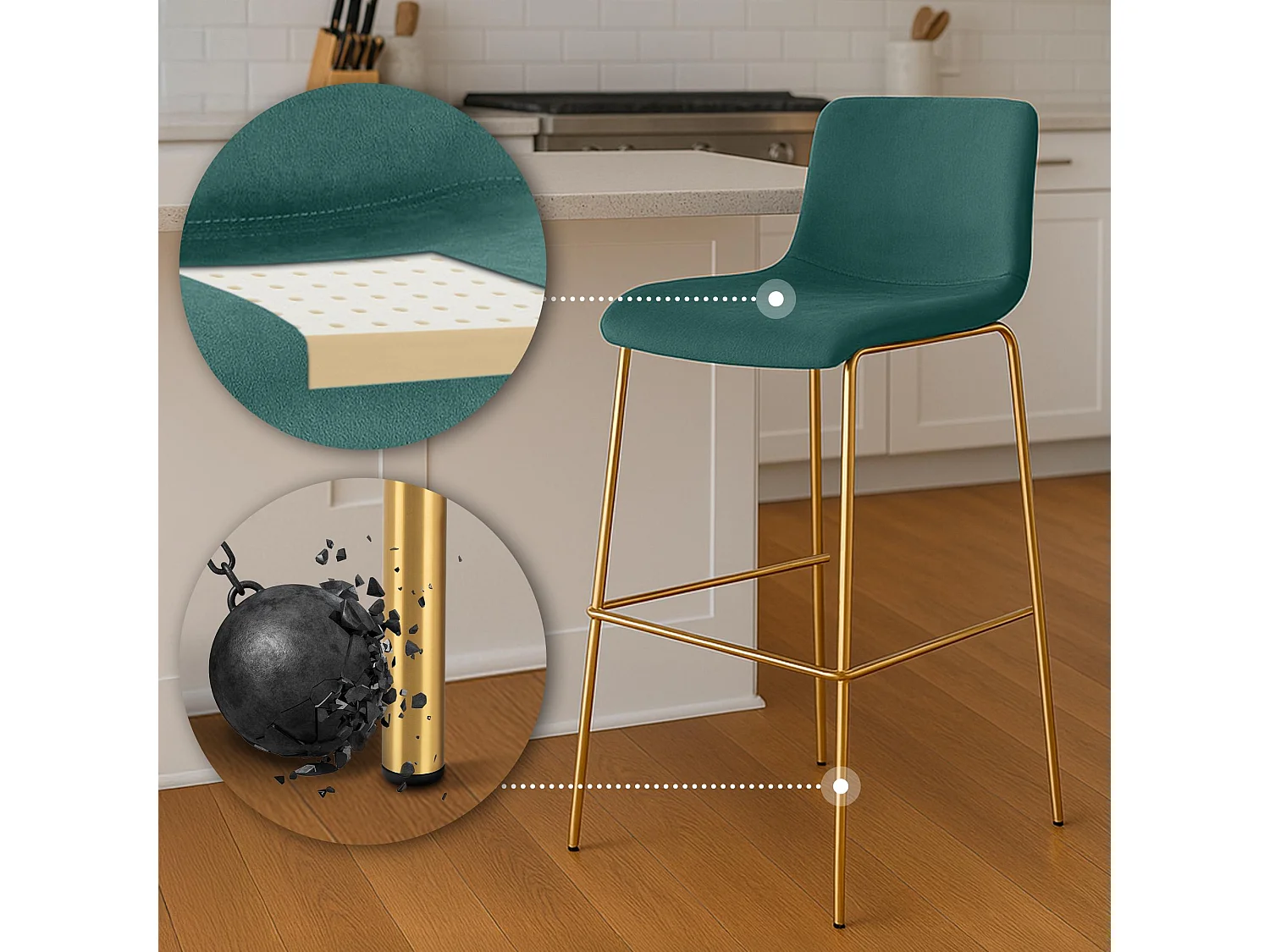 Tabouret de bar - Velours & Noir - Vert - Hoover