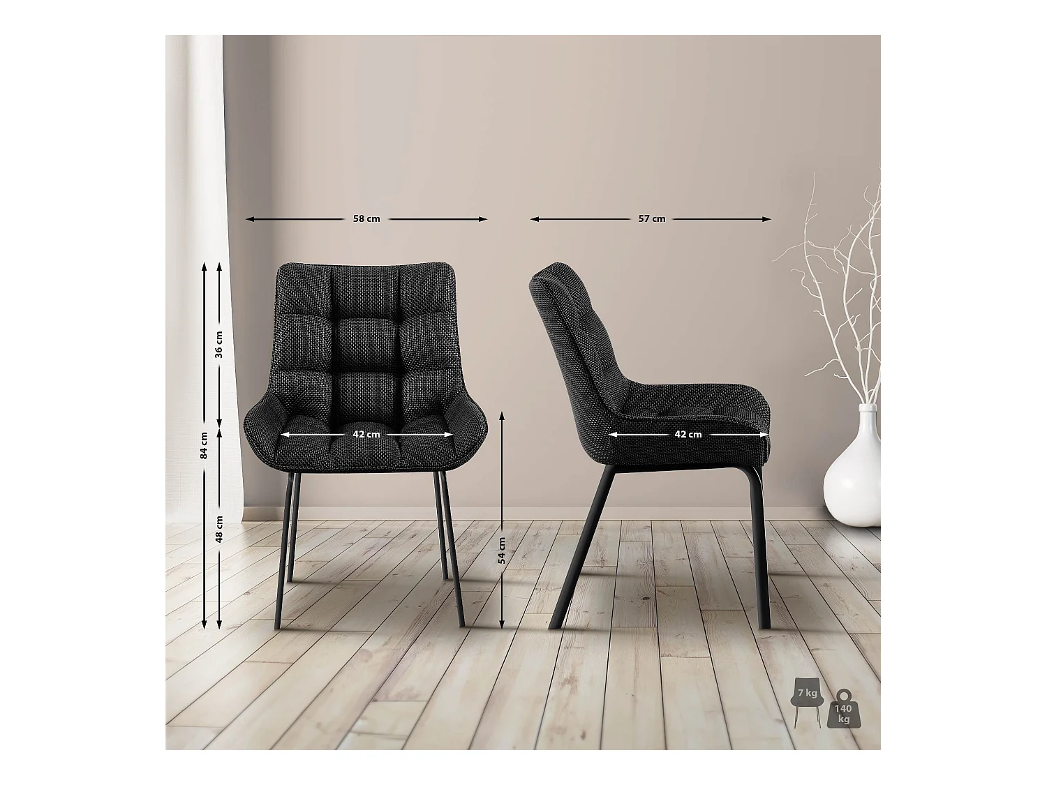 Lot de 2  chaise salle à manger - Tissu - Gris titane - Saranda