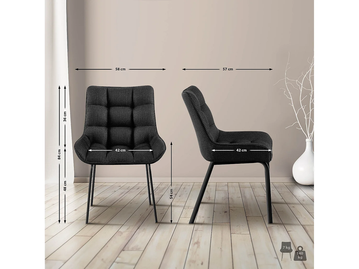 Lot de 2  chaise salle à manger - Tissu - Gris titane - Saranda