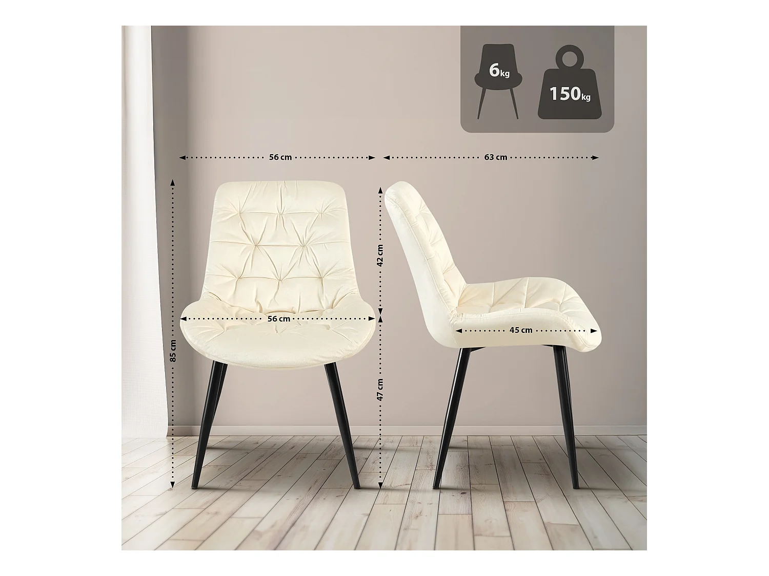 Lot de 2  chaise salle à manger - Velours - Crème - Rossford