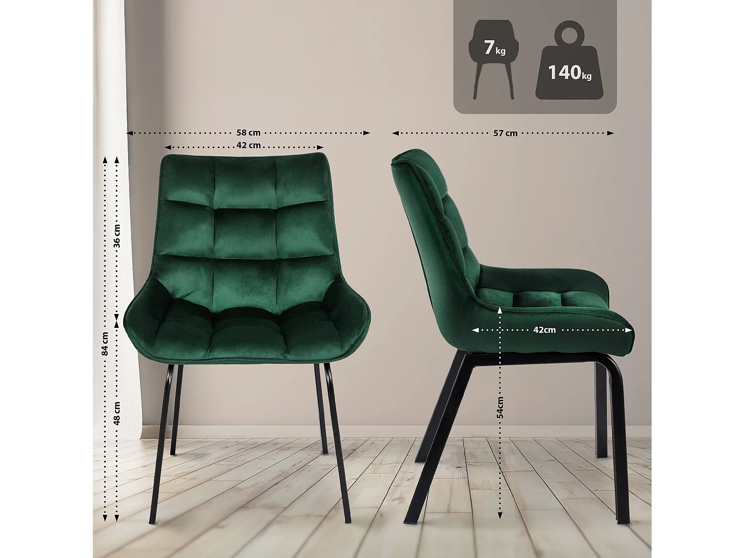 Lot de 2  chaise salle à manger - Velours - Vert - Saranda