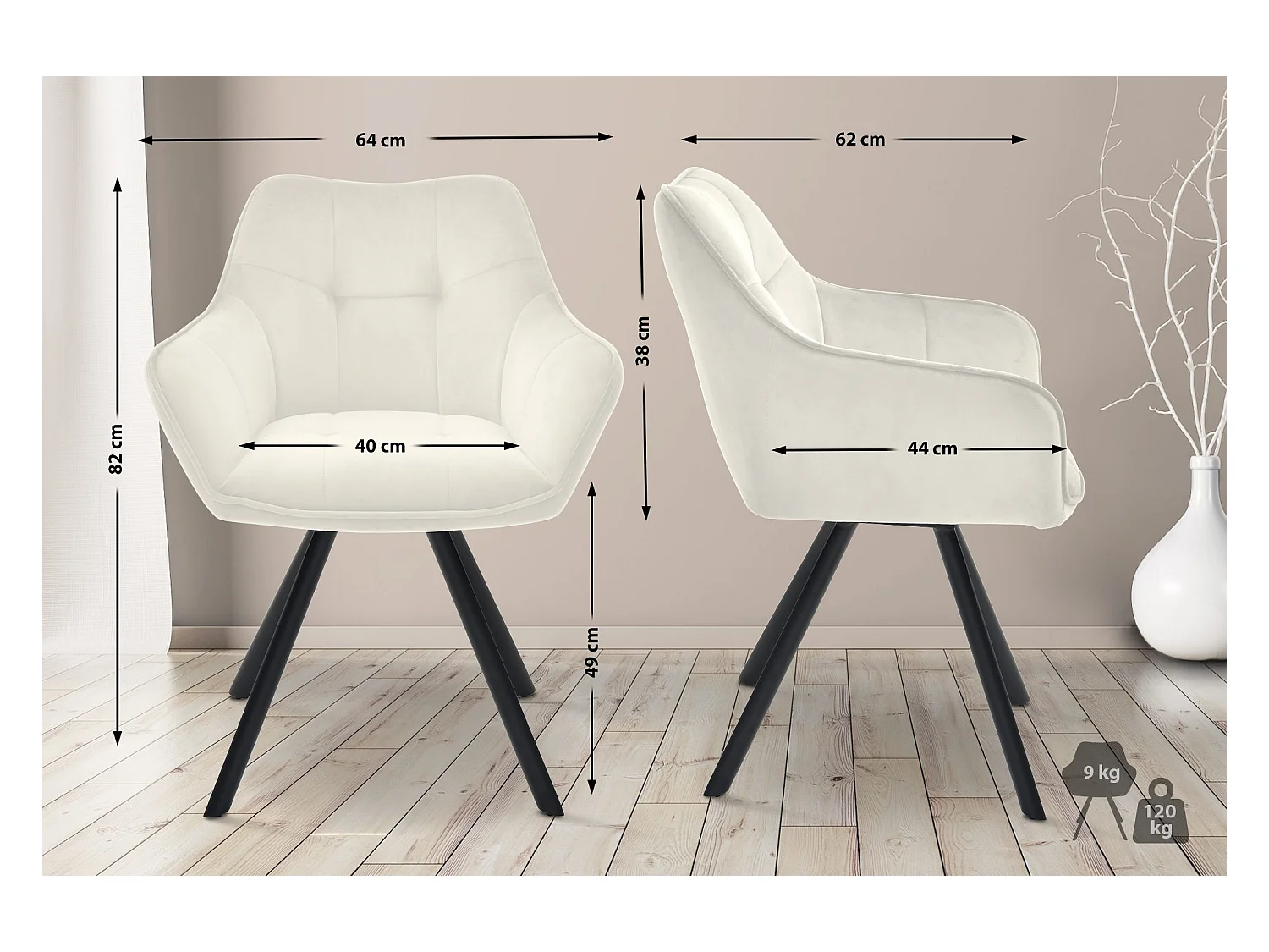 Lot de 2  chaises avec accoudoirs - Velours - Crème - Scott