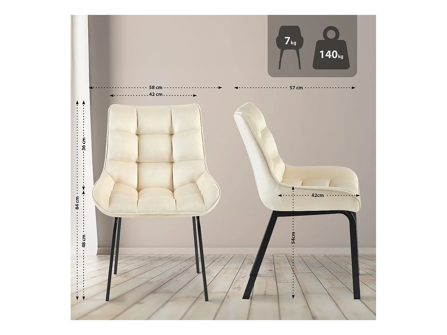 Lot de 2  chaise salle à manger - Velours - Crème - Saranda