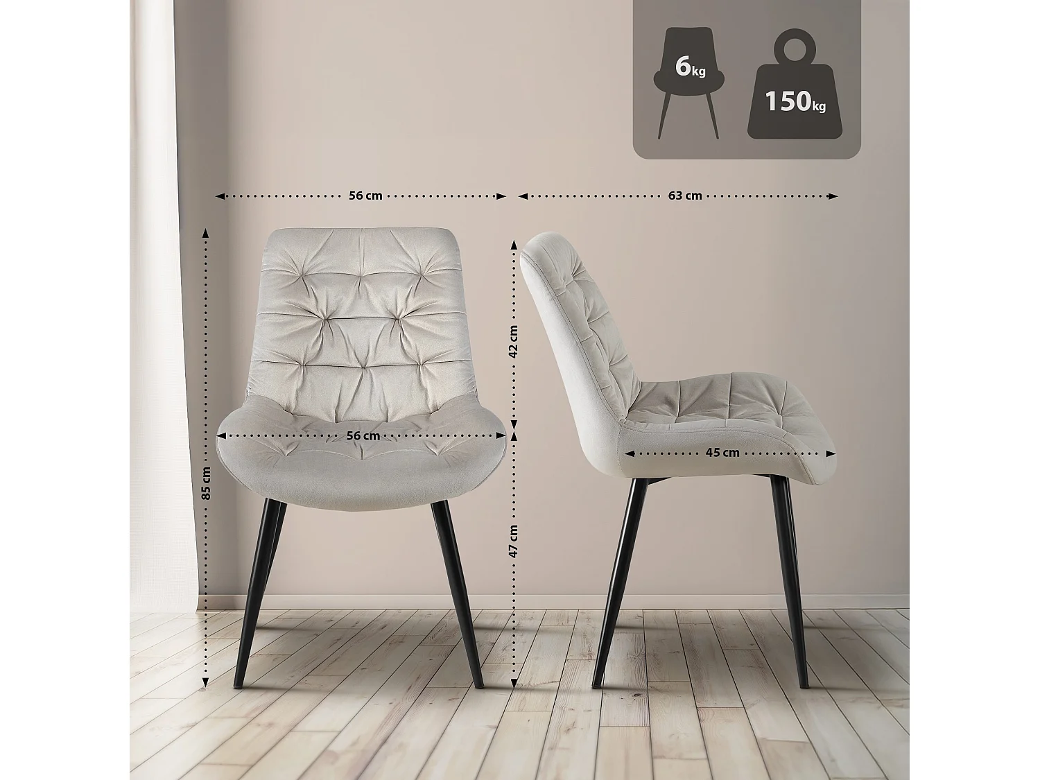 Lot de 2  chaise salle à manger - Velours - Gris - Rossford