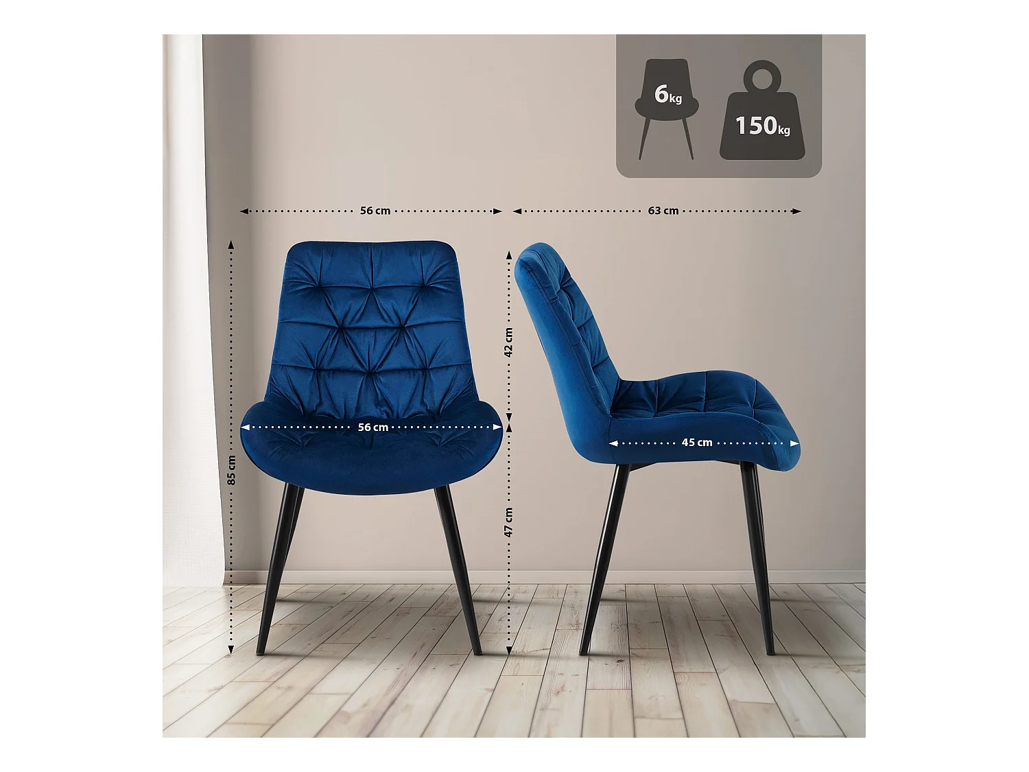 Lot de 2  chaise salle à manger - Velours - Bleu foncé - Rossford
