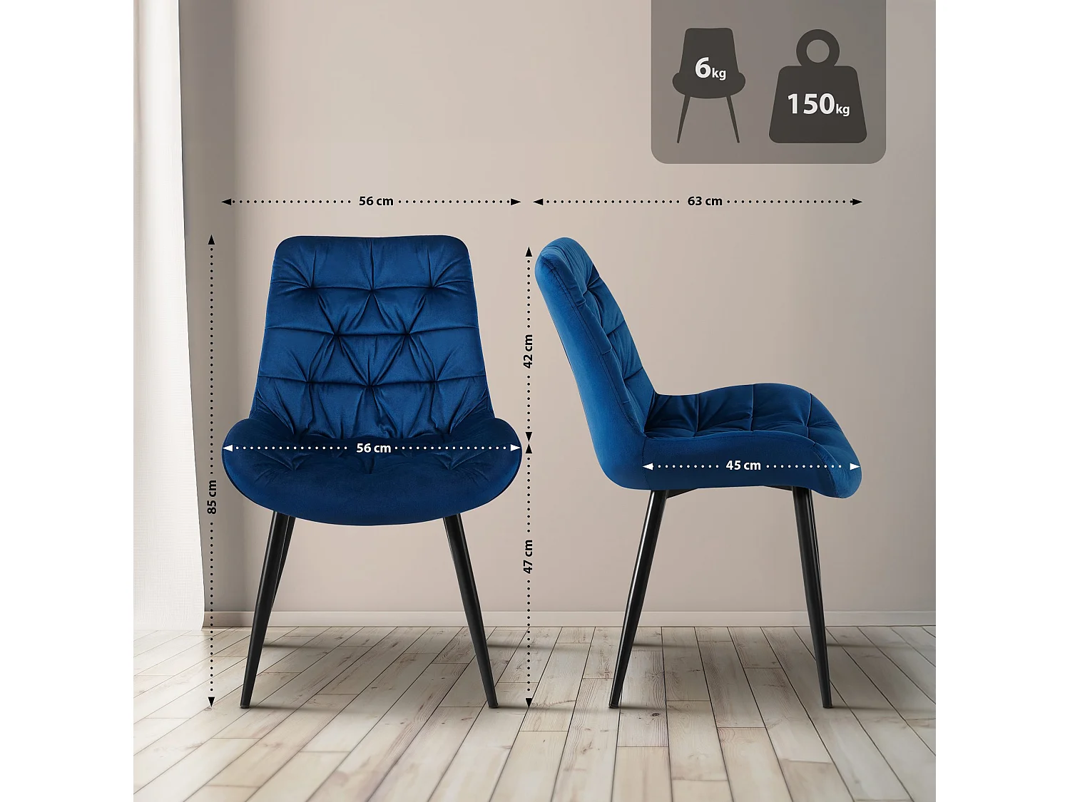 Lot de 2  chaise salle à manger - Velours - Bleu foncé - Rossford