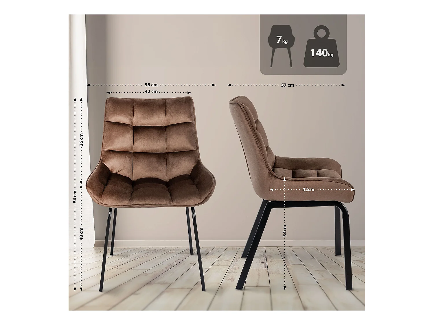 Lot de 2  chaise salle à manger - Velours - Marron - Saranda