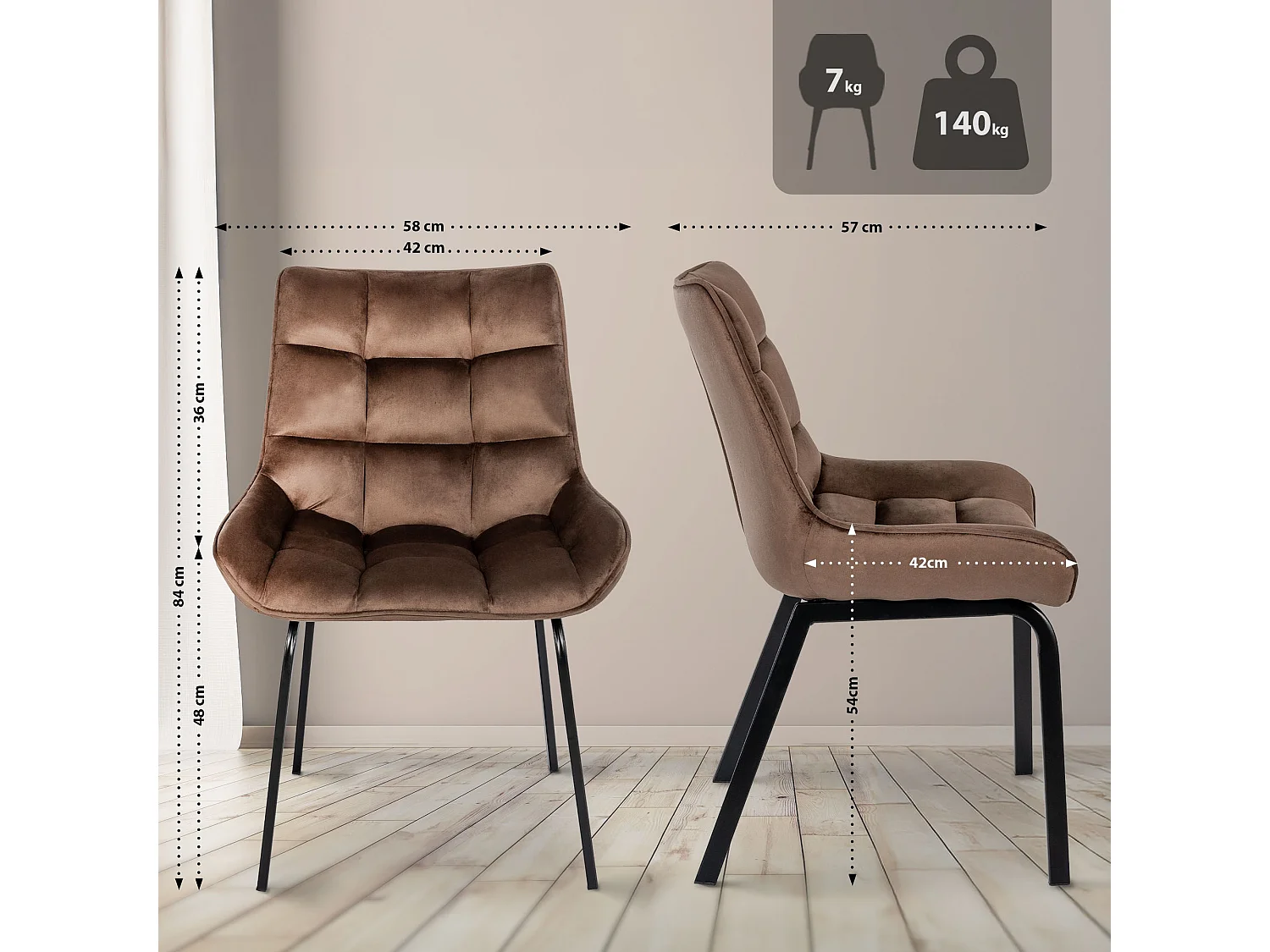 Lot de 2  chaise salle à manger - Velours - Marron - Saranda