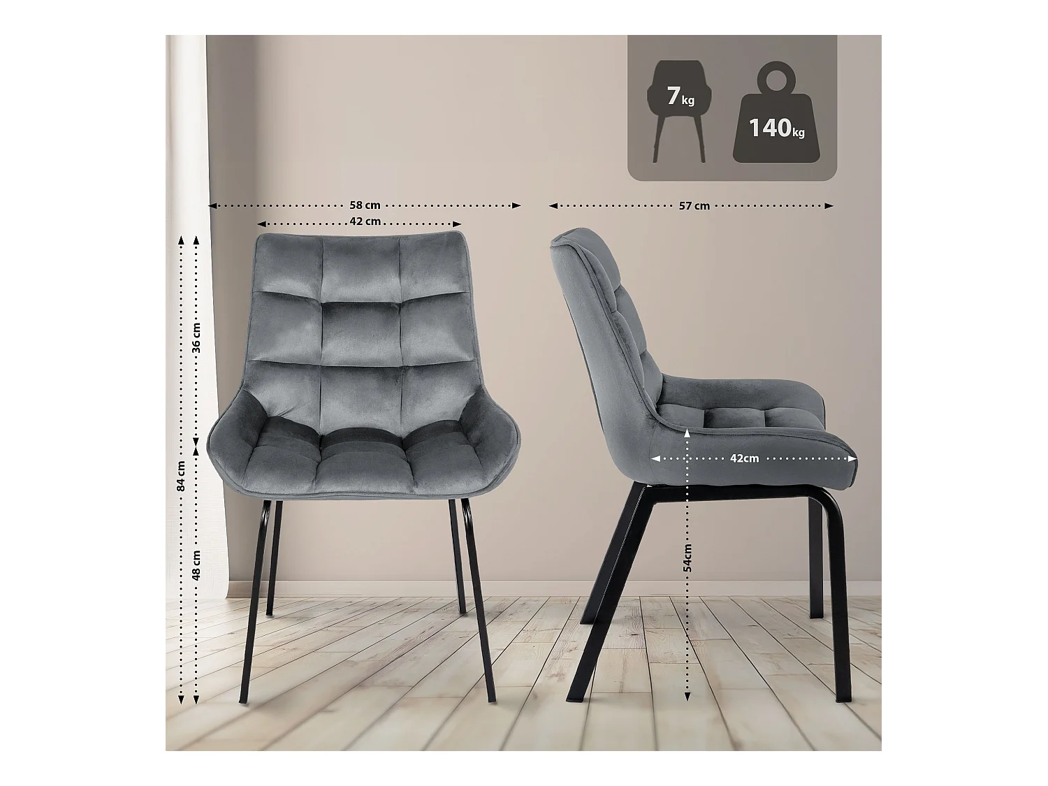 Lot de 2  chaise salle à manger - Velours - Gris foncé - Saranda