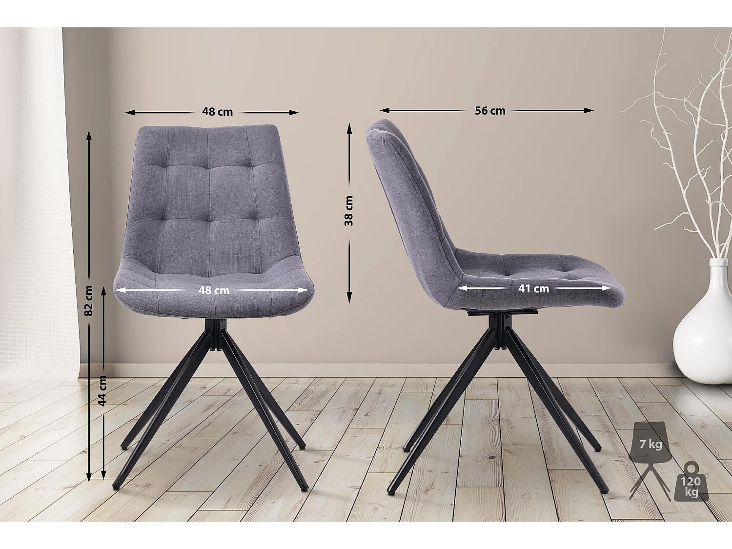 Lot de 2  chaise salle à manger - Tissu - Gris foncé - Merna