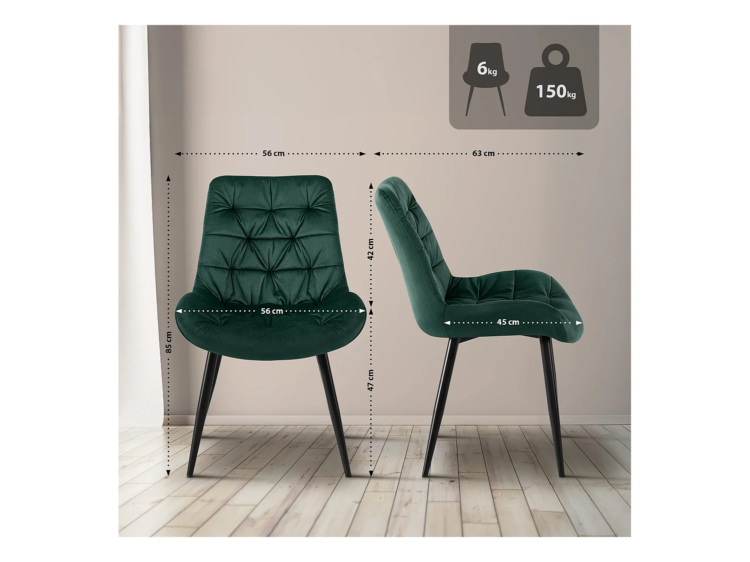 Lot de 2  chaise salle à manger - Velours - Vert - Rossford