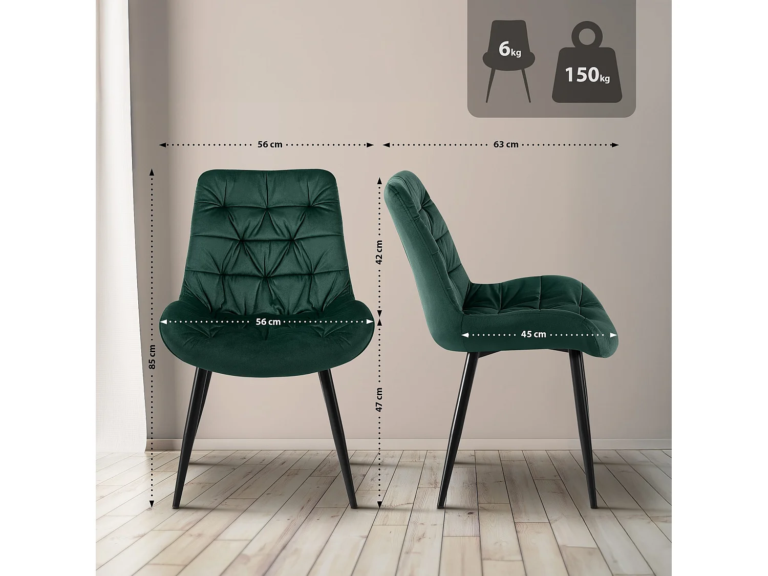 Lot de 2  chaise salle à manger - Velours - Vert - Rossford