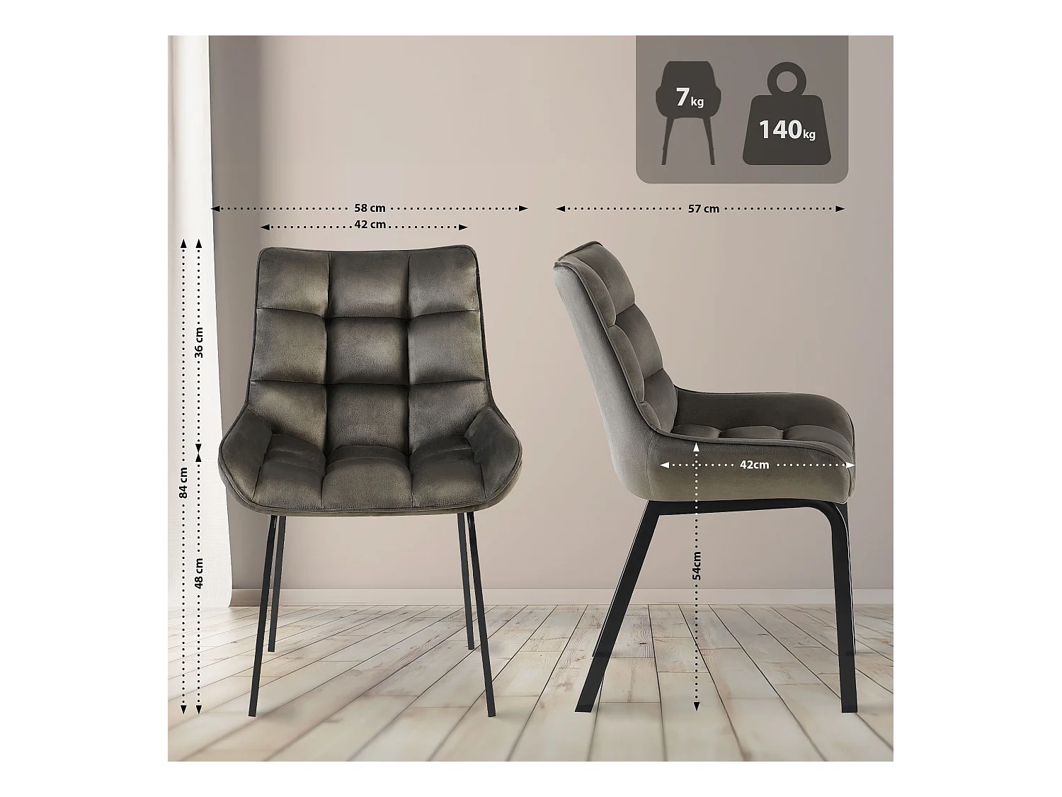 Lot de 2  chaise salle à manger - Velours - Anthracite - Saranda