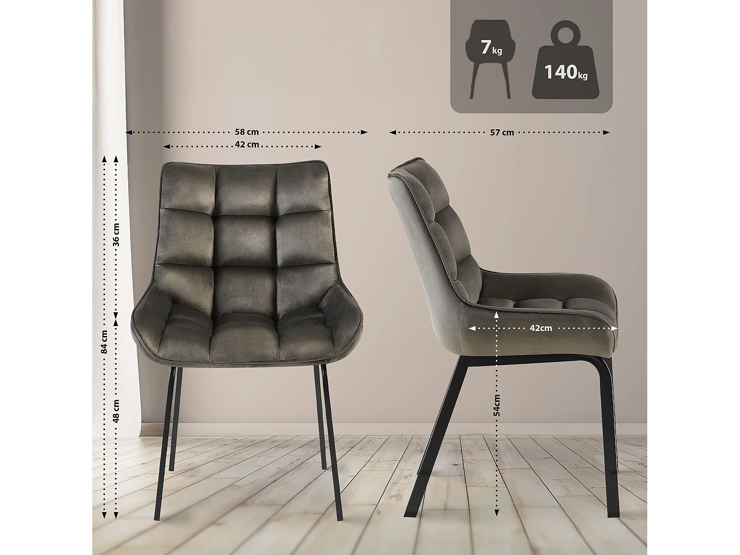 Lot de 2  chaise salle à manger - Velours - Anthracite - Saranda