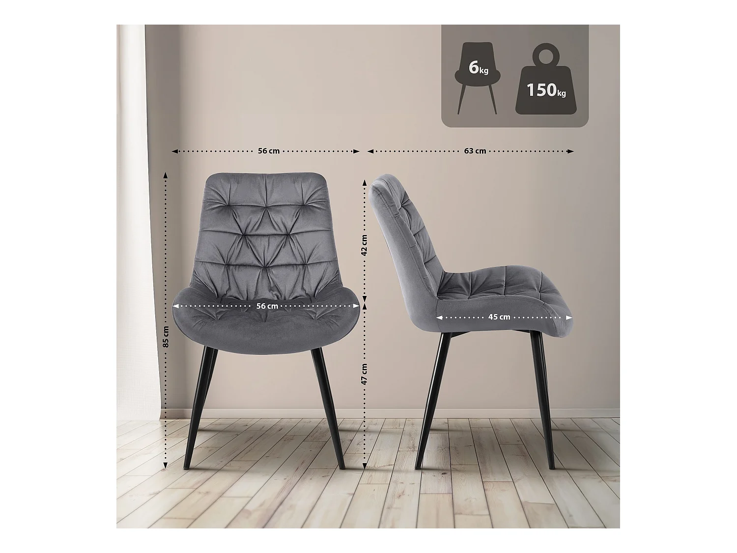 Lot de 2  chaise salle à manger - Velours - Gris foncé - Rossford