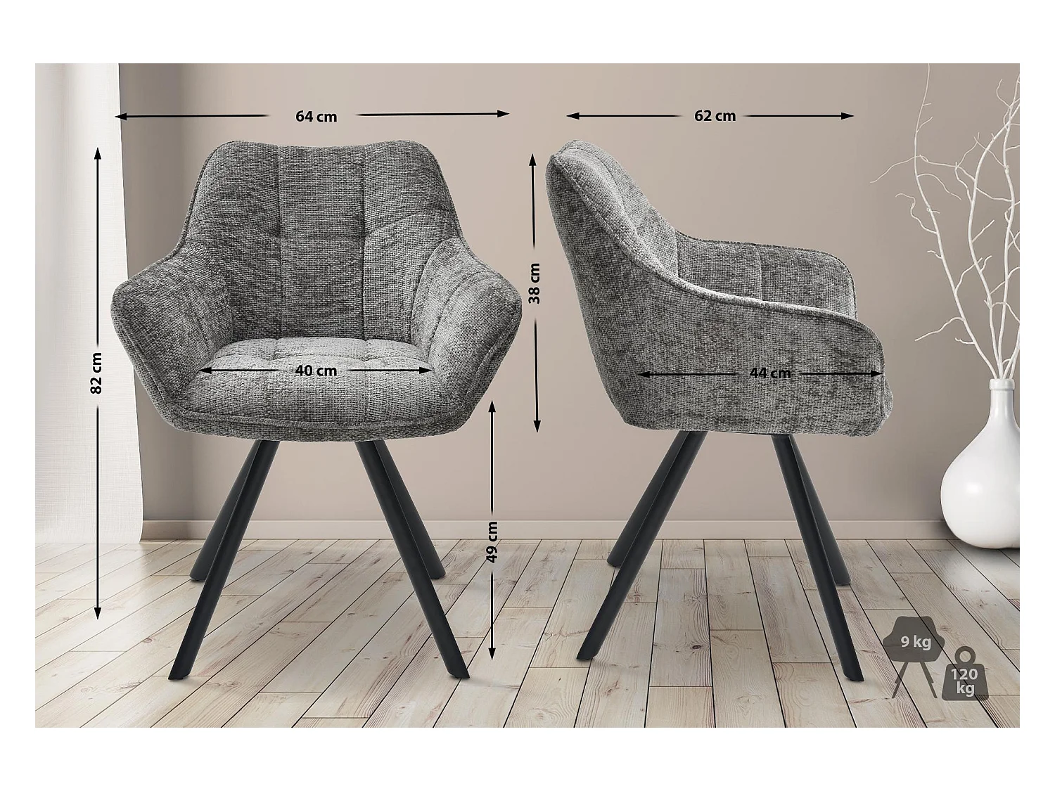 Lot de 2  chaises avec accoudoirs - Tissu - Gris foncé - Scott