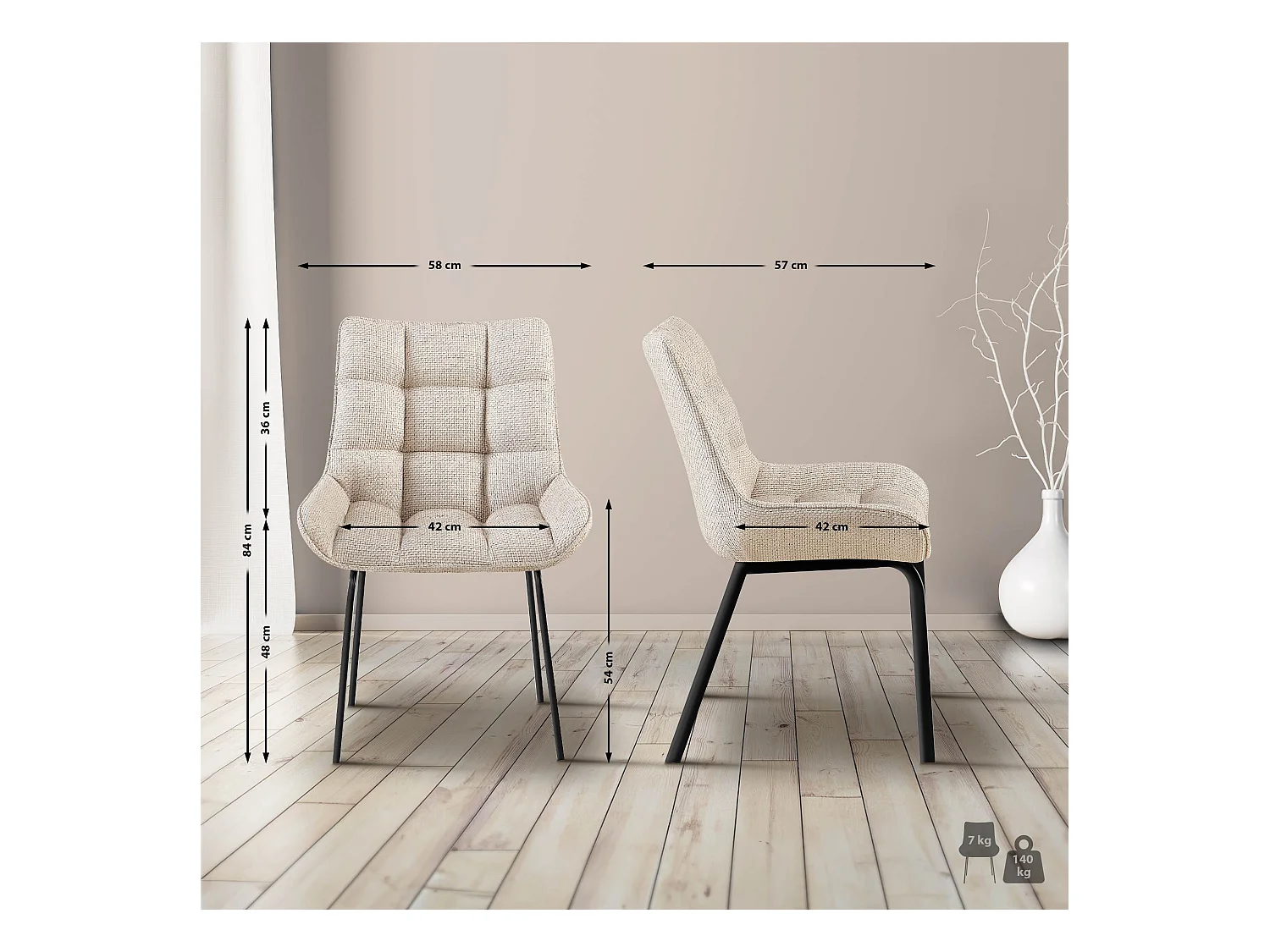 Lot de 2  chaise salle à manger - Tissu - Ivoire - Saranda