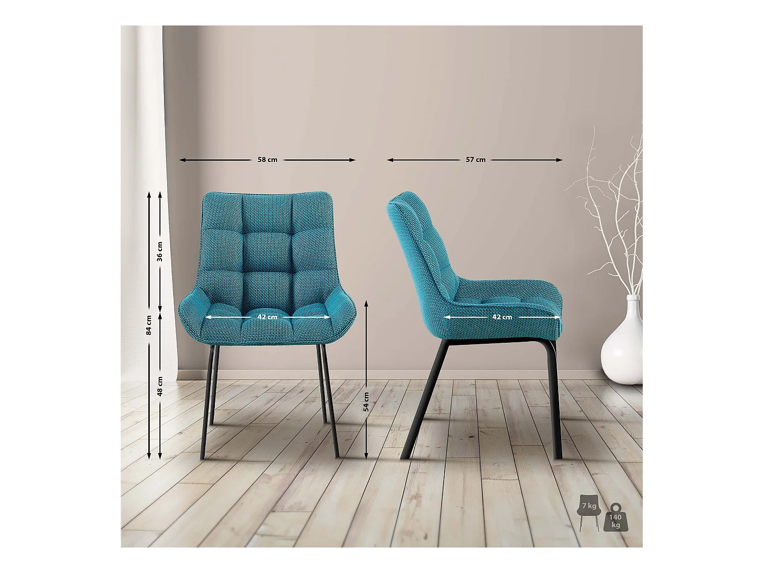 Lot de 2  chaise salle à manger - Tissu - Turquoise - Saranda