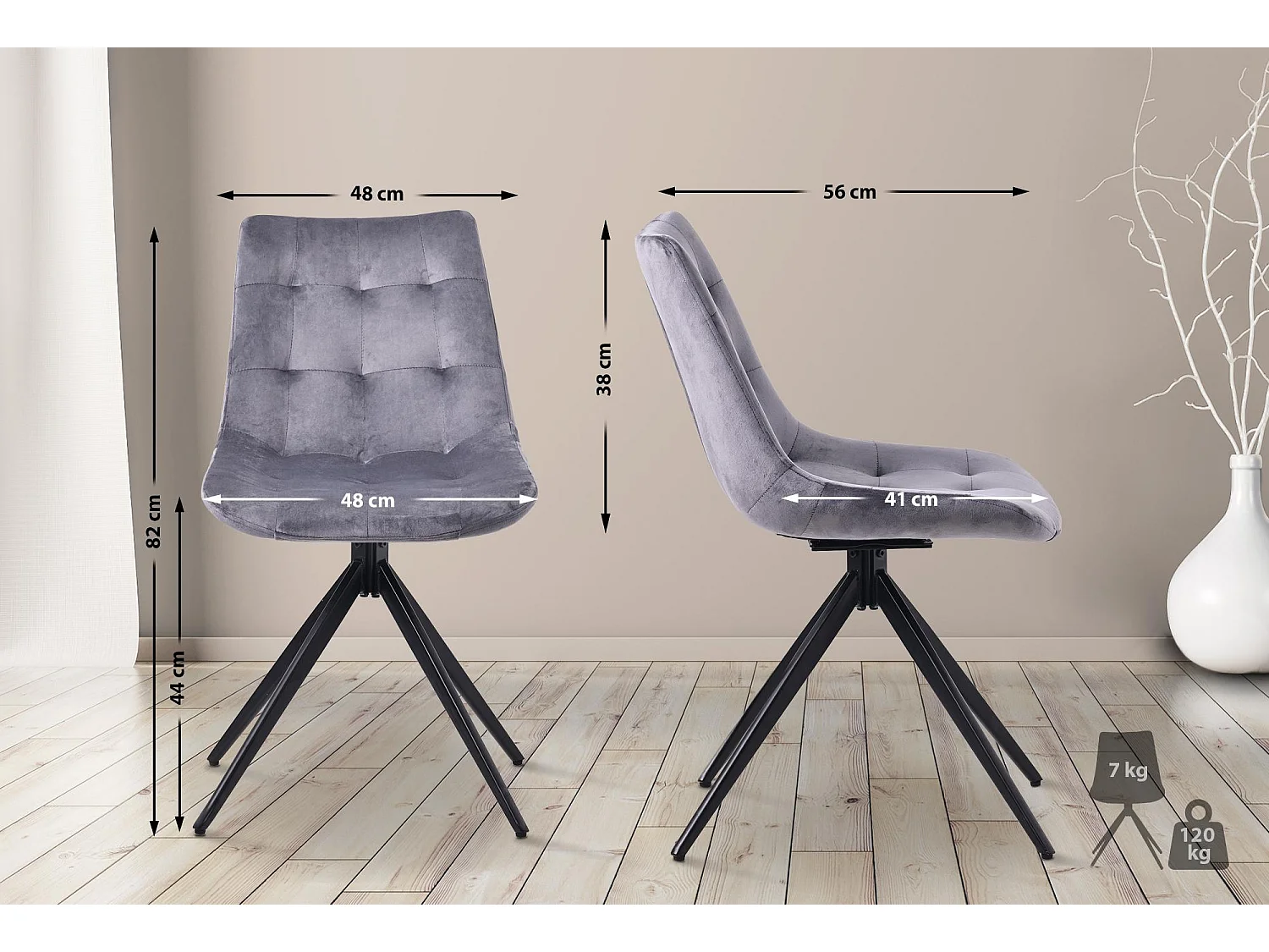 Lot de 2  chaise salle à manger - Velours - Gris foncé - Merna