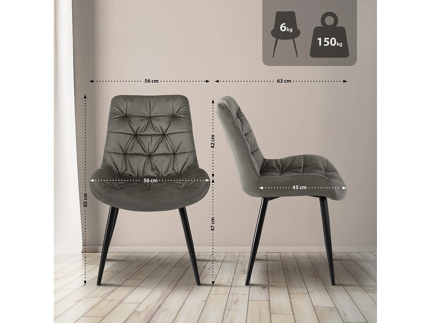 Lot de 2  chaise salle à manger - Velours - Anthracite - Rossford