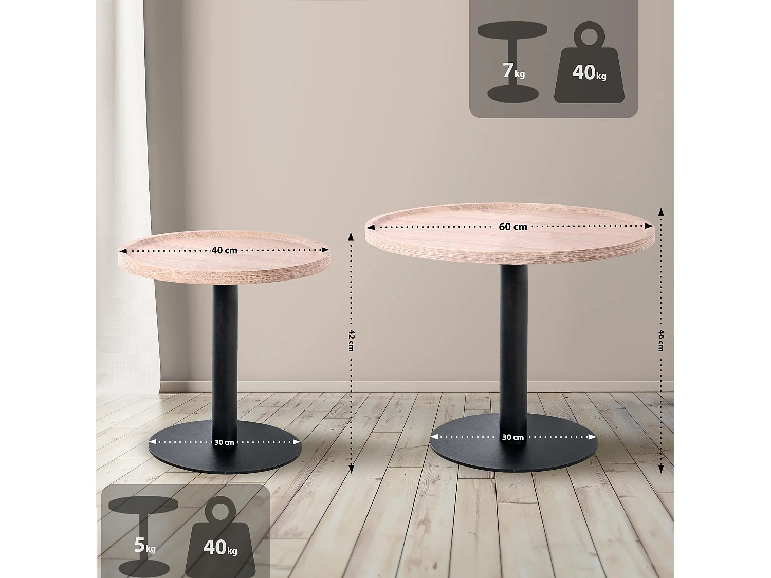 Lot de Kombi  Table d'appoint - rond Ø 60 cm - Bois - Chêne - Aspen