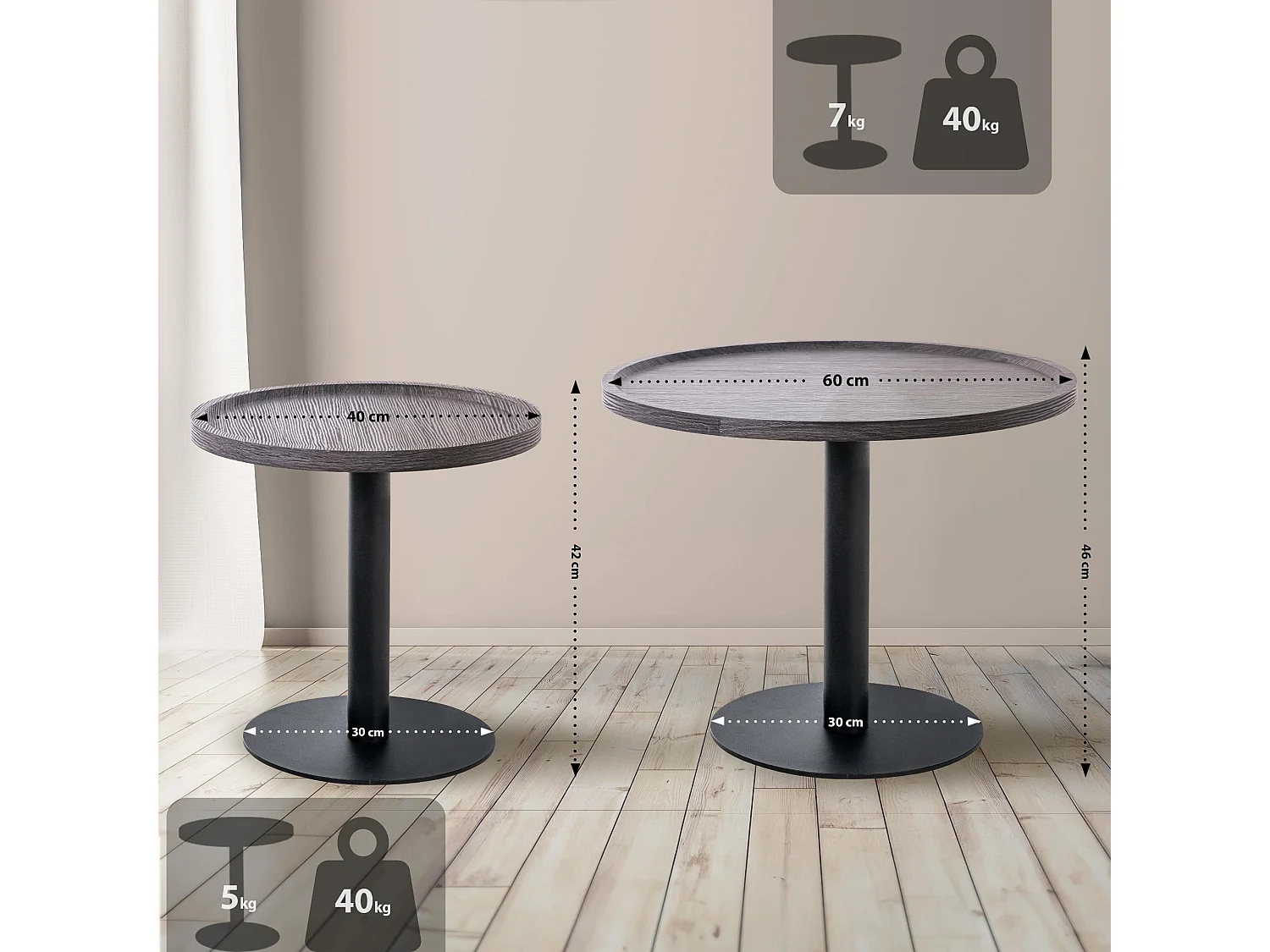 Lot de Kombi  Table d'appoint - rond Ø 60 cm - Bois - Gris - Aspen